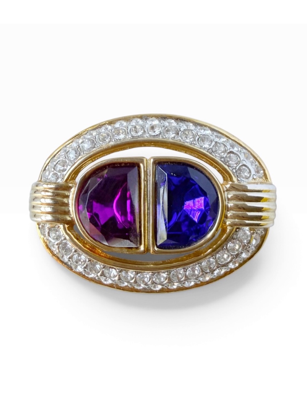 Vintage Art Deco Revival Purple Gem Clear Rhinestone Oval Goldtone Brooch Pin